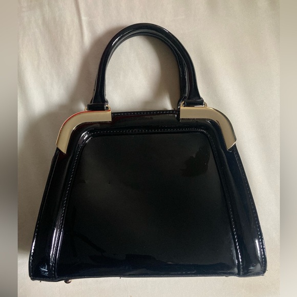 Vintage Black Patent Leather Satchel Bag with Gold Details - Picture 12 of 15